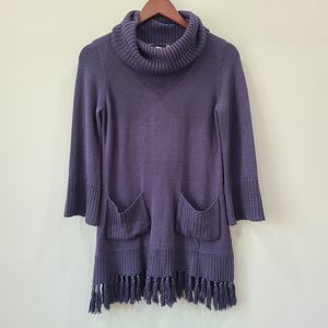 Soft Surroundings Womens Knit Tunic Sweater Petite Small Turtleneck Fringe Navy